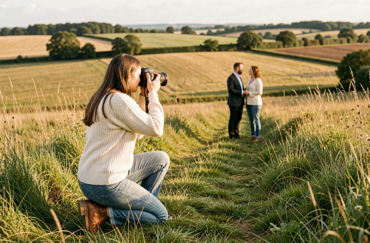 Photographe Instant For Life en plein travail dans la campagne des Deux-Sèvres, capturant un couple dans un cadre champêtre