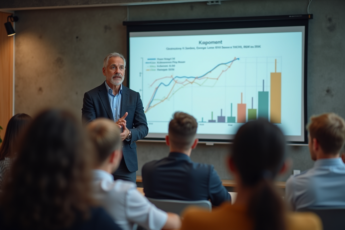 Instructeur en formation avec projection de coûts de construction