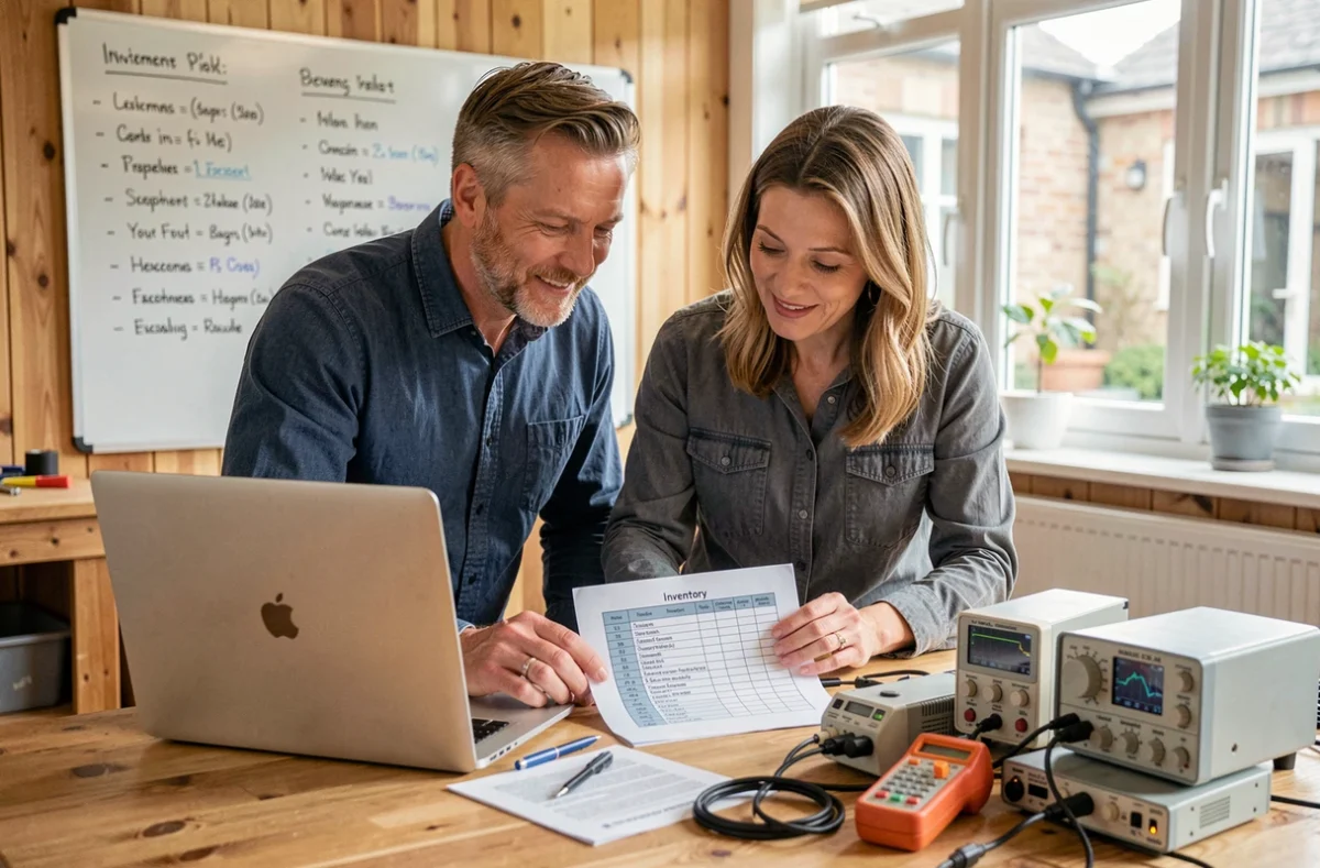Deux membres d'un club électronique comparant une liste d'inventaire imprimée avec du matériel électronique d'occasion récupéré posé sur une table d'atelier