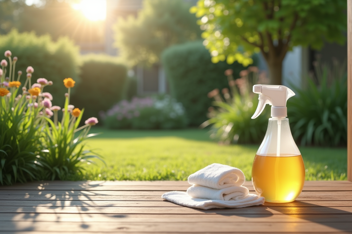 Jardin moderne avec bouteille de mélange maison sur terrasse