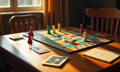 Plateau de Cluedo avec pièces et cartes sur une table en bois