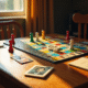 Plateau de Cluedo avec pièces et cartes sur une table en bois
