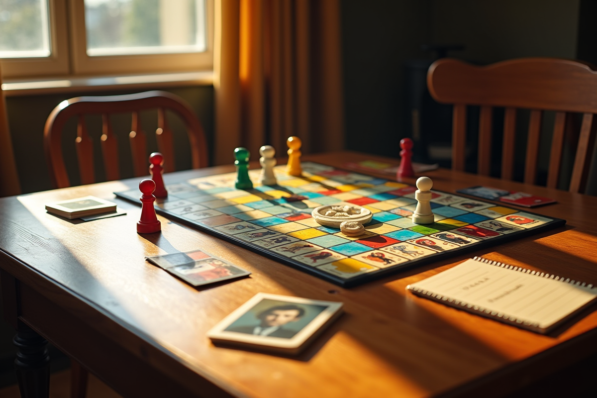 Plateau de Cluedo avec pièces et cartes sur une table en bois