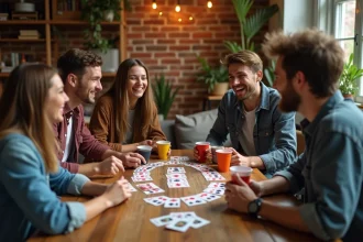Groupe de jeunes adultes jouant au jeu de cartes à boire Palmier Règle autour d'une table en bois avec des verres colorés