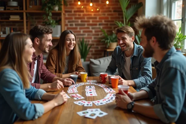 Groupe de jeunes adultes jouant au jeu de cartes à boire Palmier Règle autour d'une table en bois avec des verres colorés