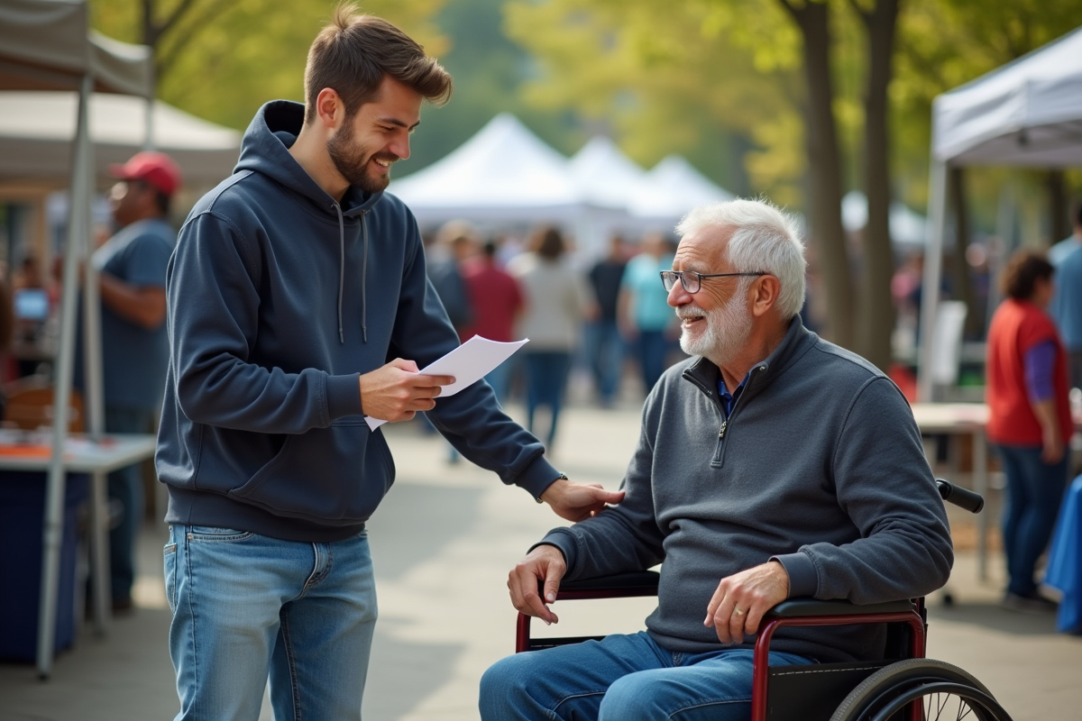 Jeune homme aidant un senior en fauteuil lors d