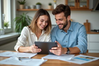 Jeune couple souriant consulte des annonces immobilières