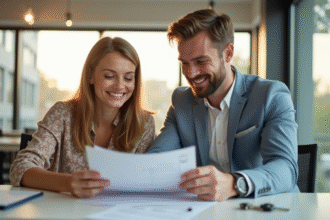 Jeune couple souriant avec agent immobilier dans un bureau lumineux