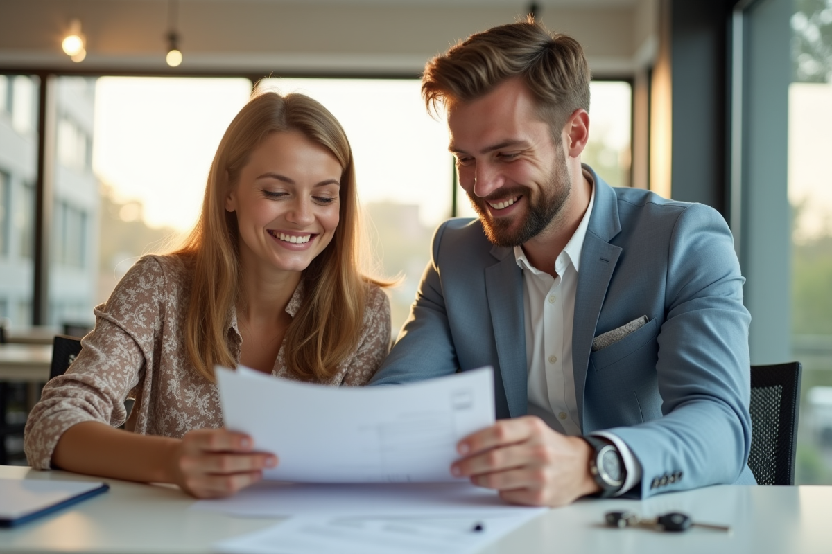 Jeune couple souriant avec agent immobilier dans un bureau lumineux