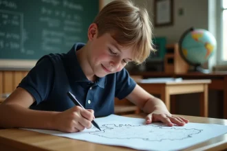 Jeune garçon en classe remplissant une carte de France