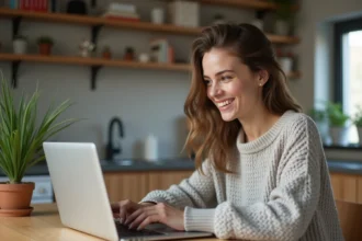 Jeune femme jouant à Cémantix dans une cuisine lumineuse