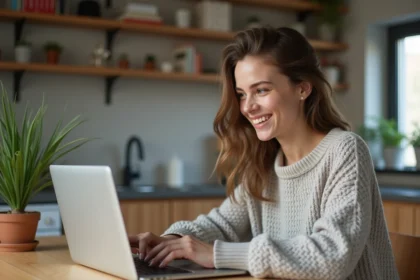 Jeune femme jouant à Cémantix dans une cuisine lumineuse