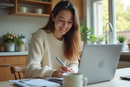 Jeune femme en cuisine avec ordinateur et produits modernes