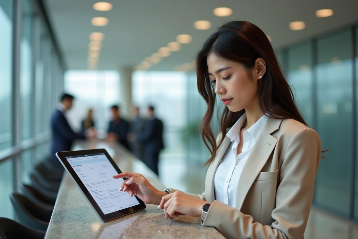 Jeune femme remplissant un formulaire en ligne au guichet municipal