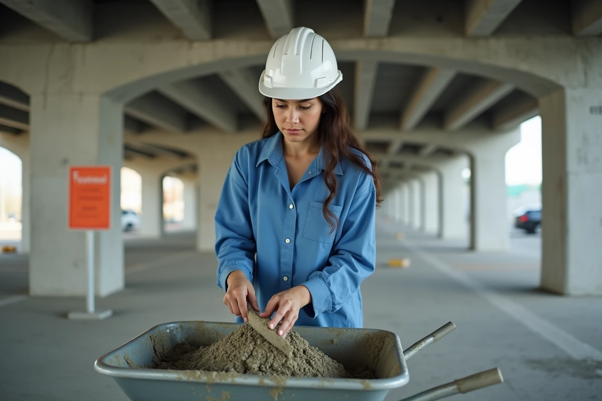 Jeune femme ingenieur melangeant le ciment dans un chantier
