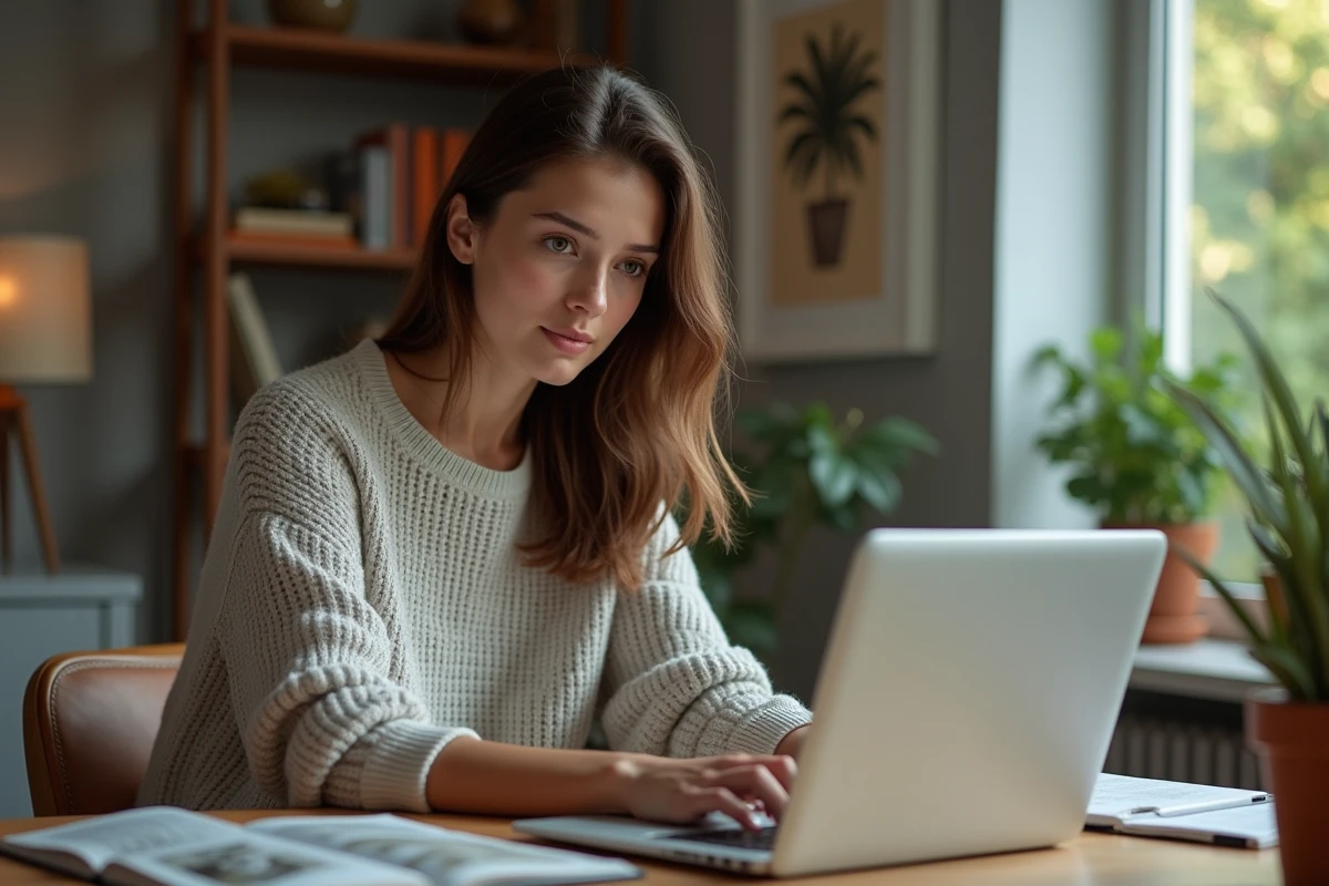 Jeune femme lisant manga sur son ordinateur à la maison