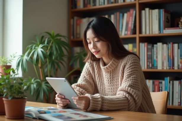 Jeune femme lisant manga sur tablette dans un bureau cosy