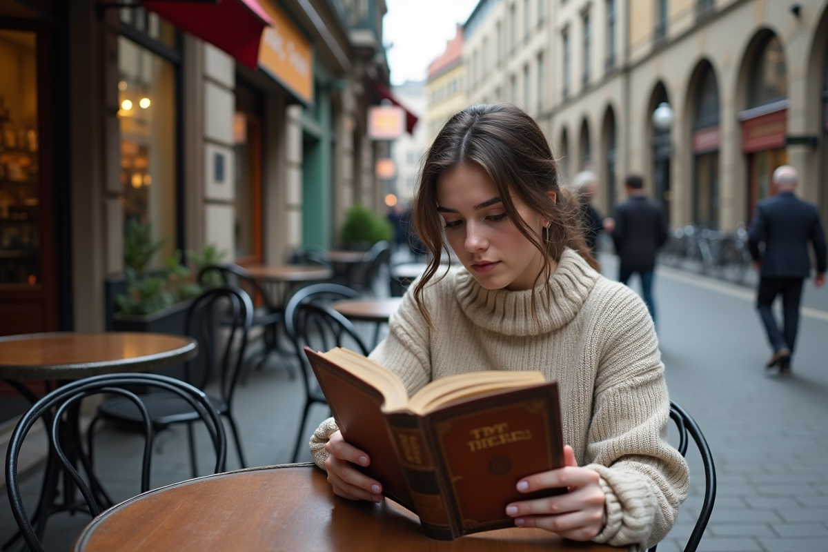 Jeune femme lisant un livre dans un café en ville ancienne