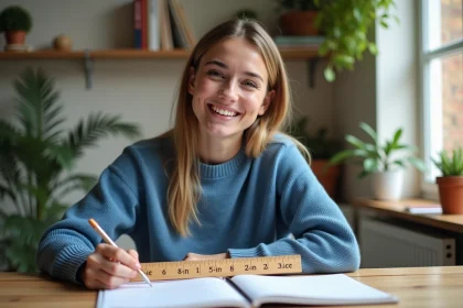Jeune femme souriante mesure avec une règle en bois