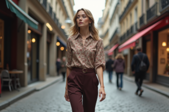 Jeune femme élégante en mode 1970s dans une rue urbaine