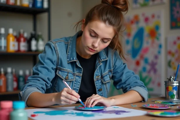 Jeune femme mélangeant peinture airbrush dans son studio créatif
