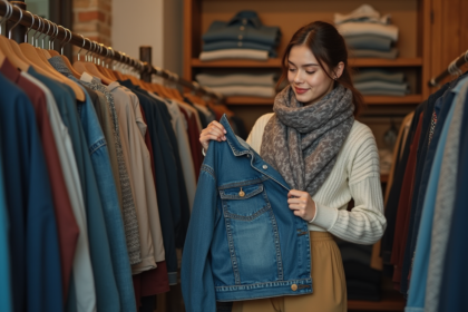 Jeune femme examine un blouson en denim vintage dans une boutique