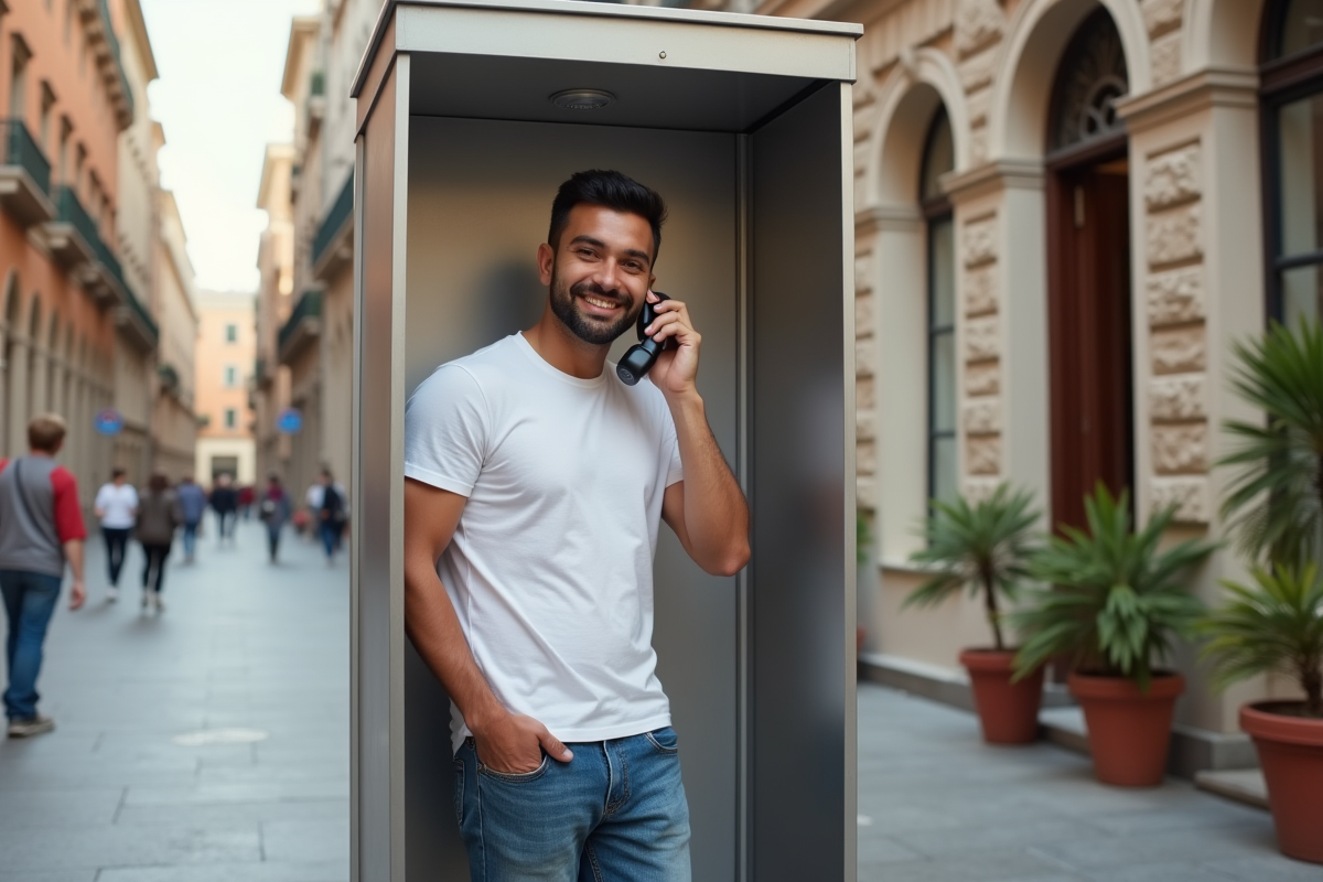 Jeune homme dans une place italienne avec cabine téléphonique