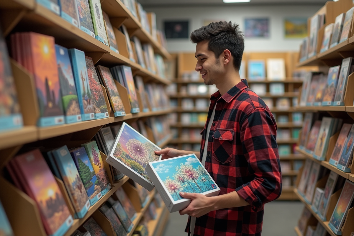 Jeune homme choisit un kit de diamant peinture en magasin