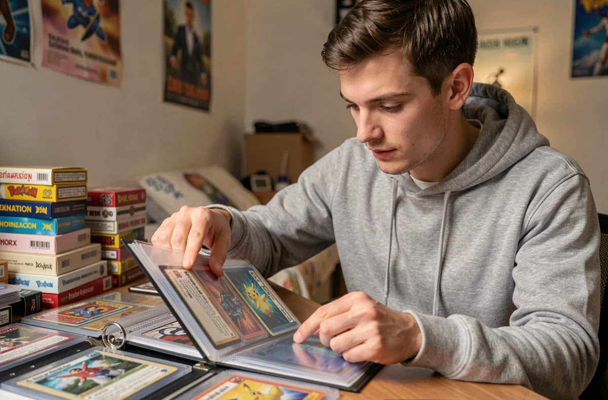 Jeune homme feuilletant un classeur de cartes Pokémon à la recherche d'une carte Pikachu rare
