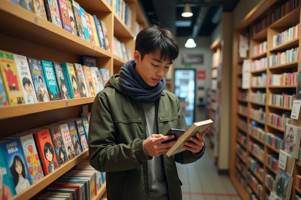 Jeune homme comparant manga et smartphone dans une librairie