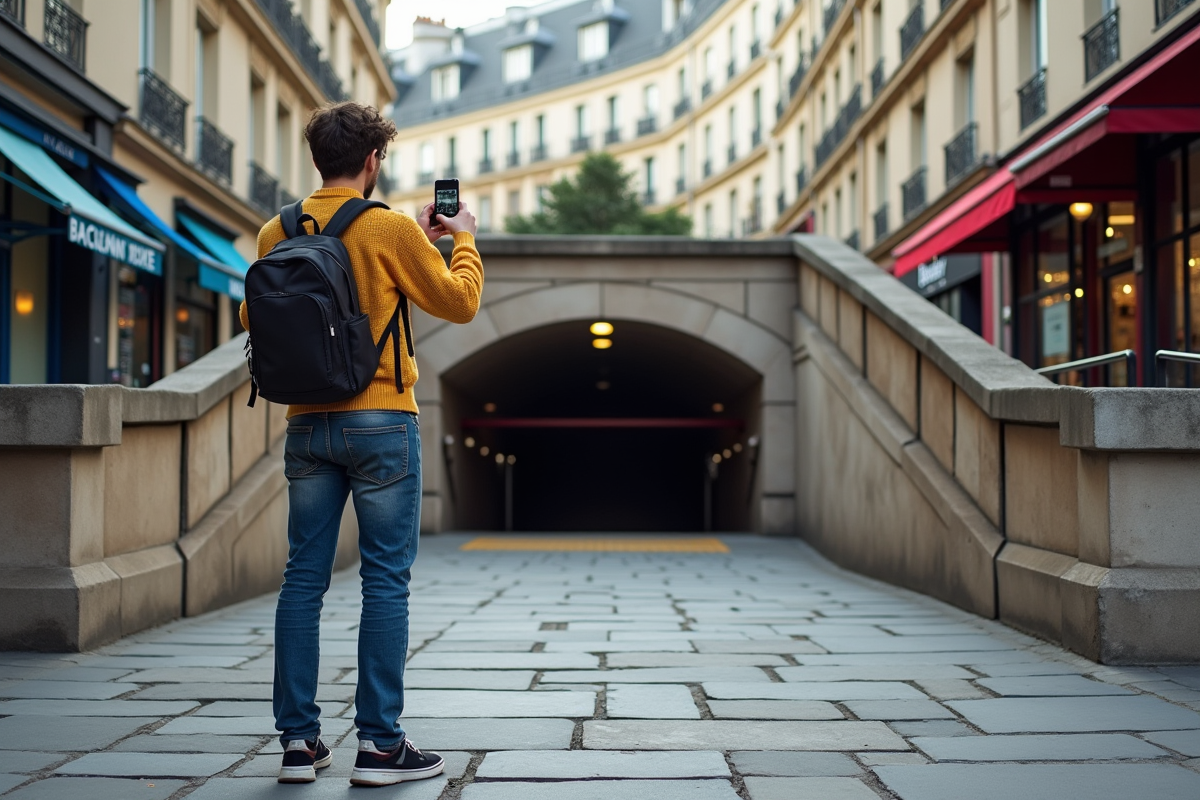 Jeune homme photographiant une entrée de metro bloquee a Paris