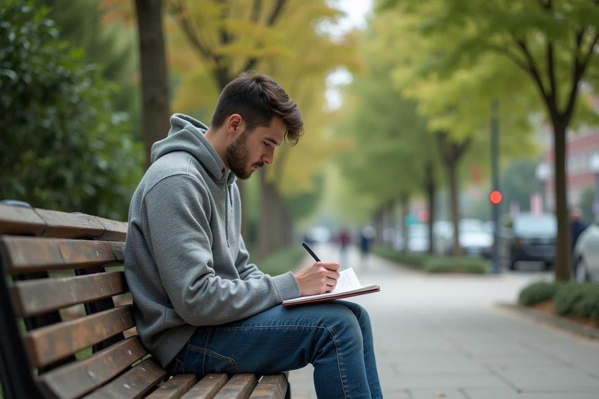 Jeune homme méditant dans un parc calme en ville