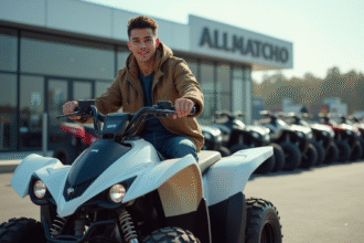 Jeune homme assis sur un quad neuf devant un concessionnaire