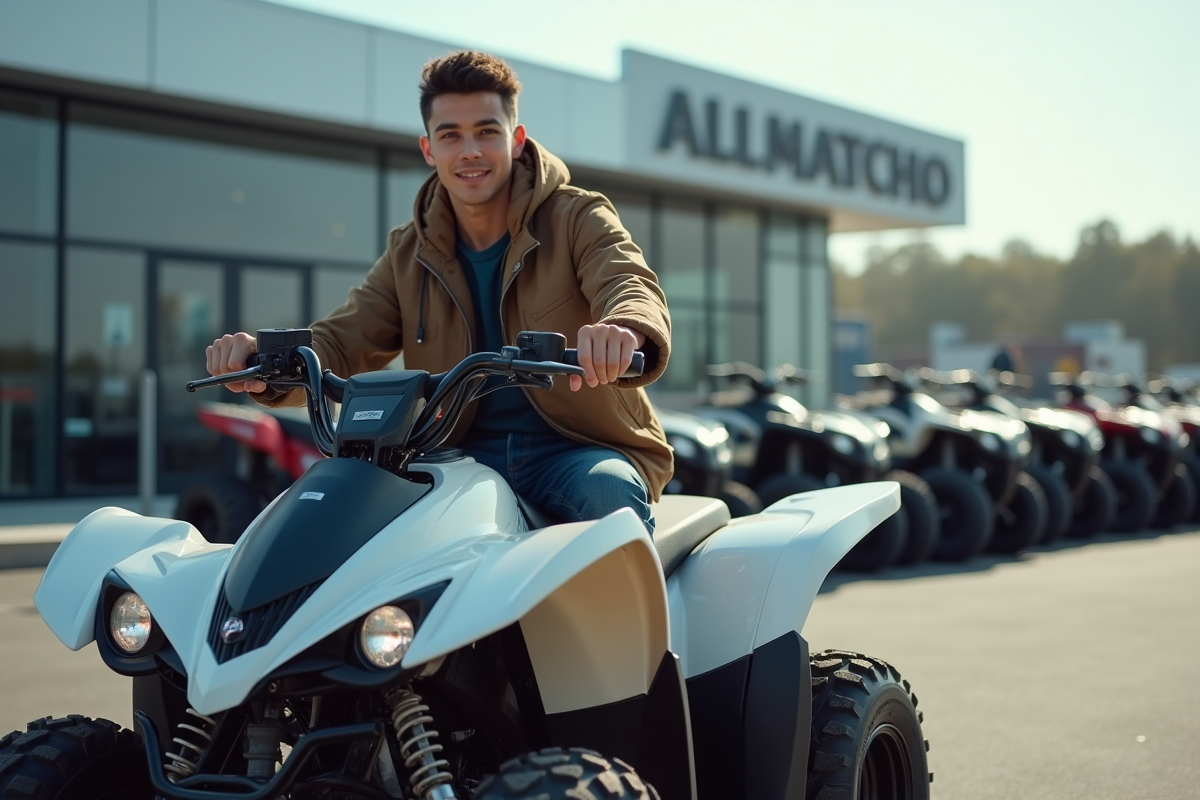 Jeune homme assis sur un quad neuf devant un concessionnaire