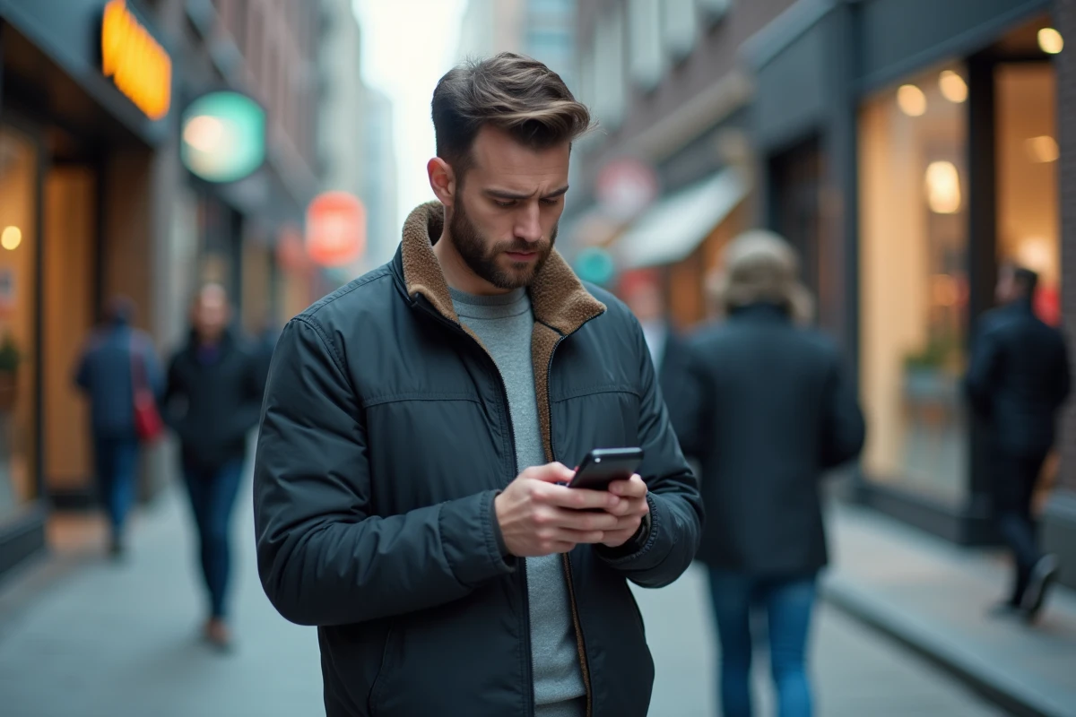Jeune homme dans la rue regardant un appel inconnu de démarchage sur son téléphone portable