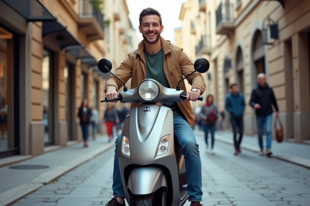 Jeune homme souriant avec scooter 50cc en ville