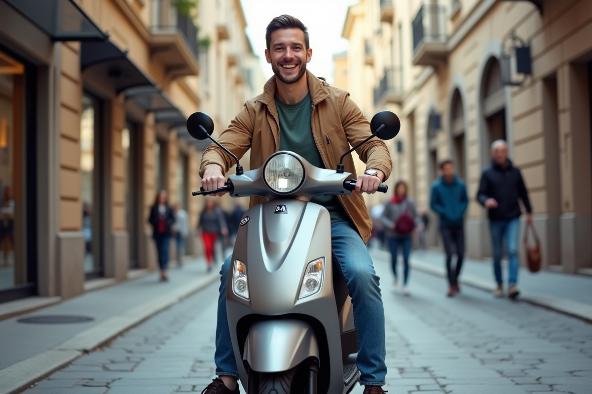 Jeune homme souriant avec scooter 50cc en ville
