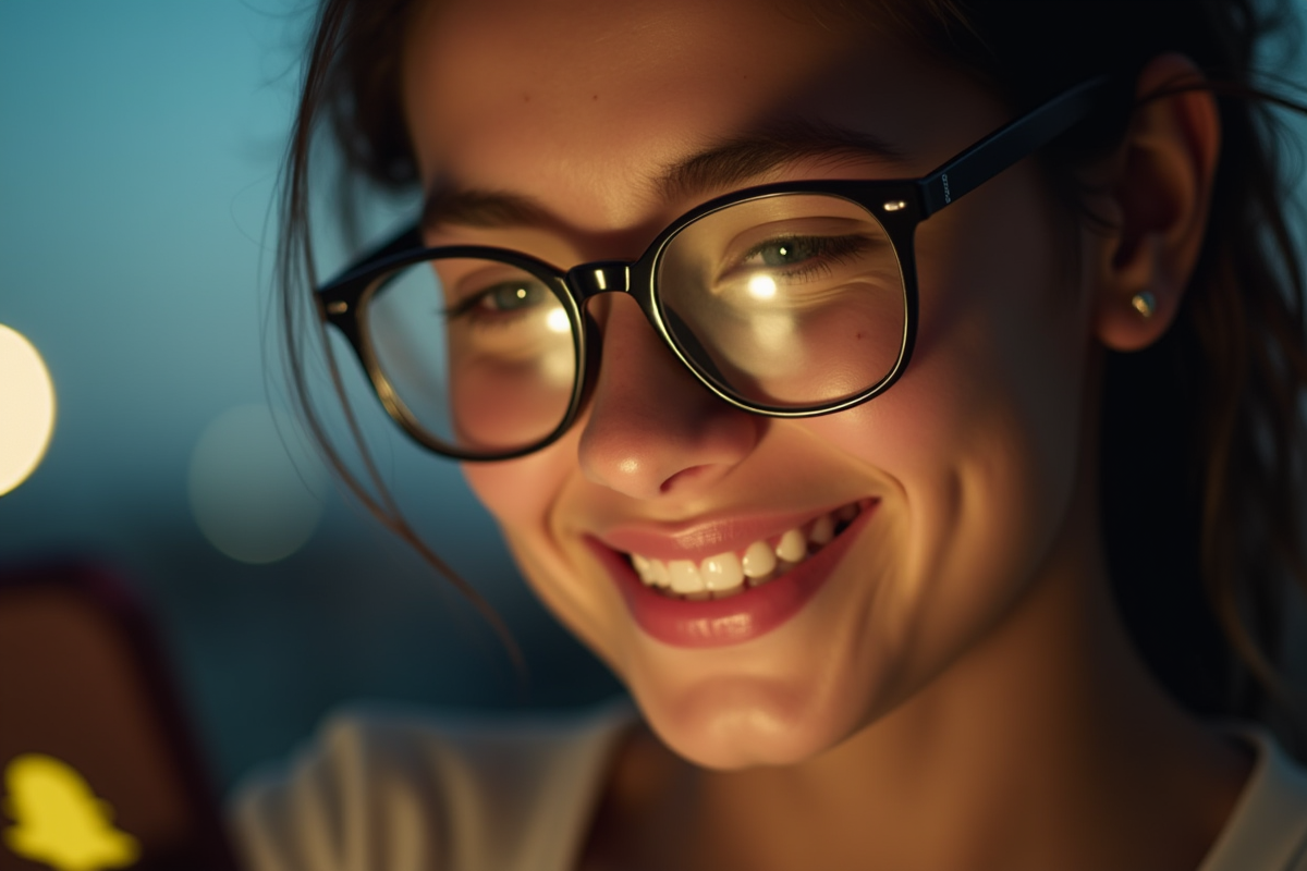 Jeune adulte regardant son téléphone avec reflet emoji coeur jaune dans ses lunettes