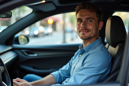 Jeune homme dans une voiture électrique moderne et élégante
