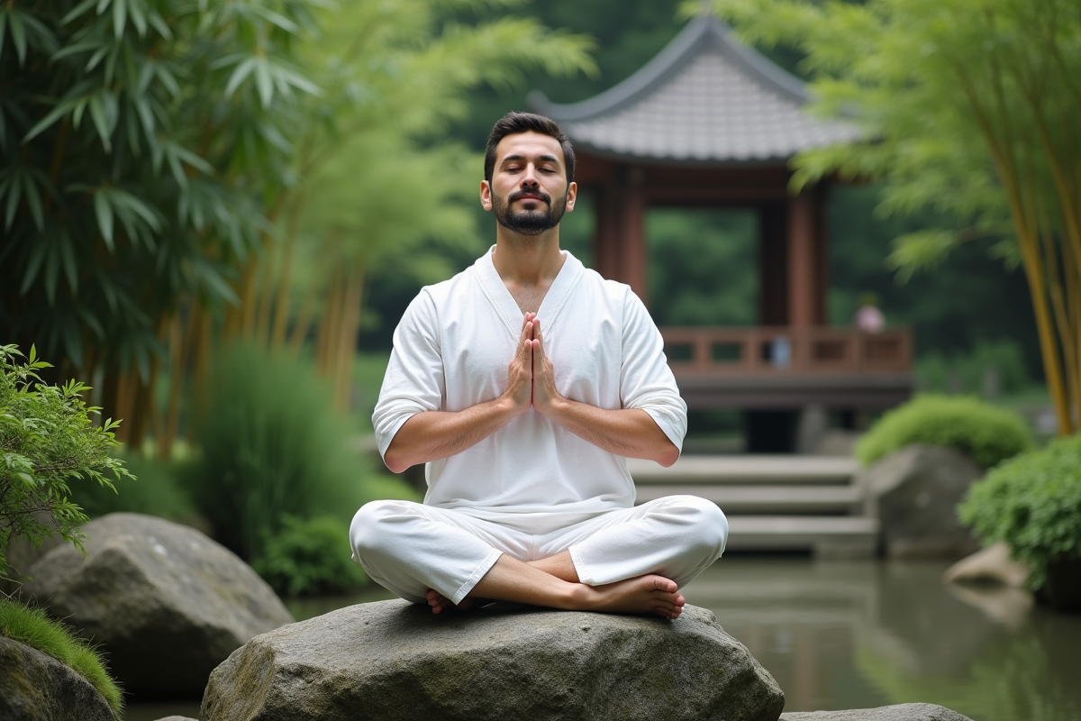 Jeune homme en lotus dans un jardin vert avec pavillon traditionnel
