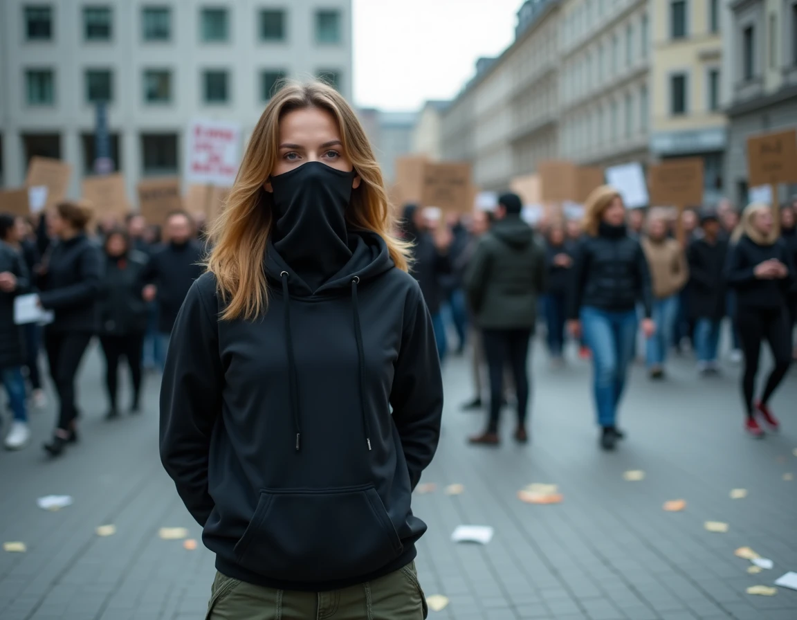Une jeune militante antifa en hoodie noir au bord d'une manifestation contemporaine dans une place urbaine européenne