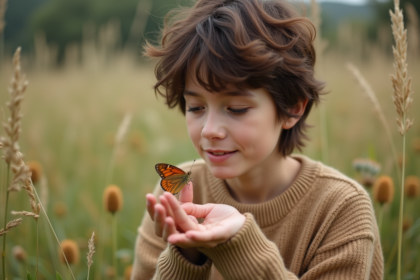 Jeune nonbinaire avec papillon sur la main dans une prairie