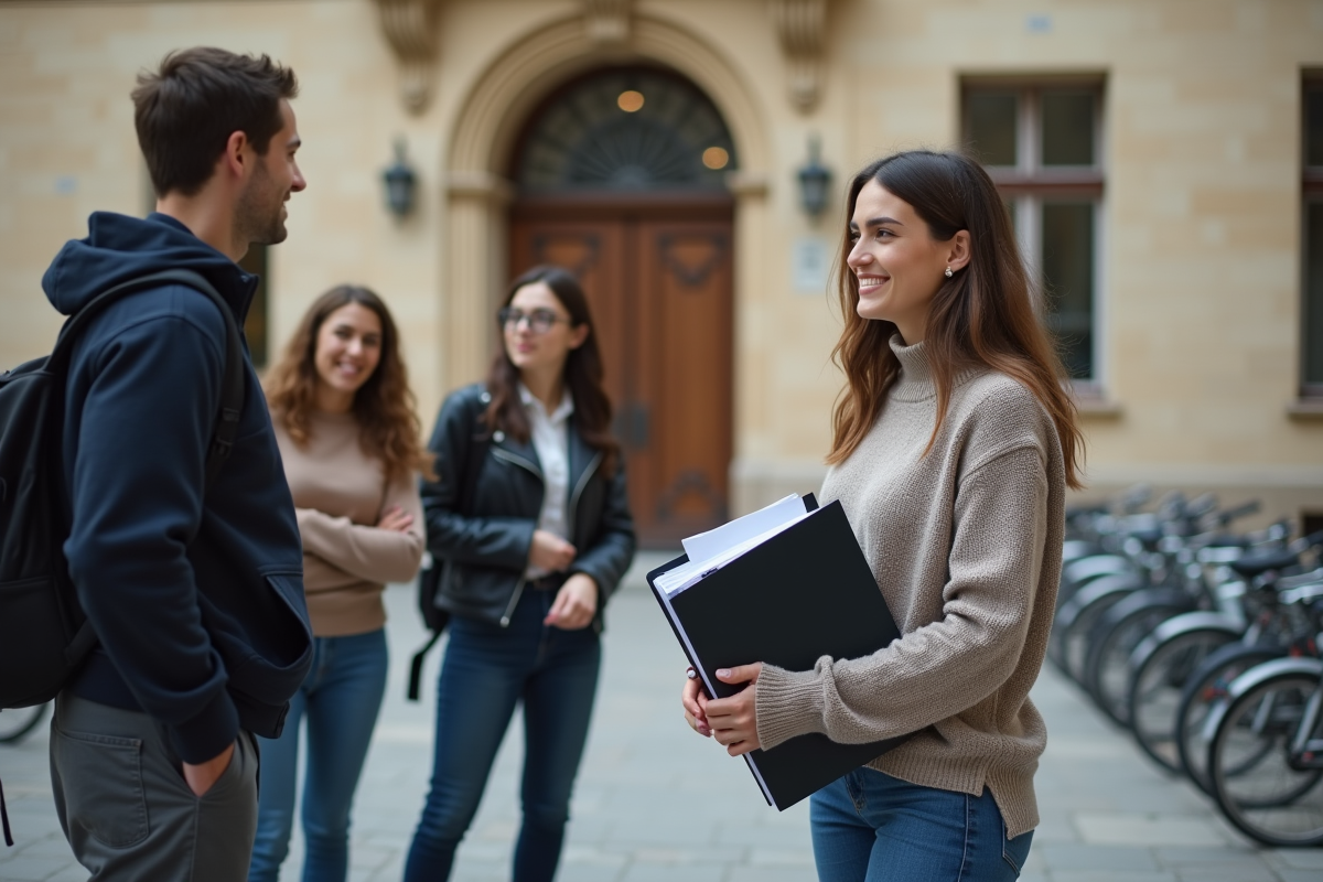 Jeune sociologue discutant avec des étudiants devant une universite