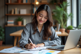 Jeune femme UX designer esquissant des wireframes dans un espace créatif