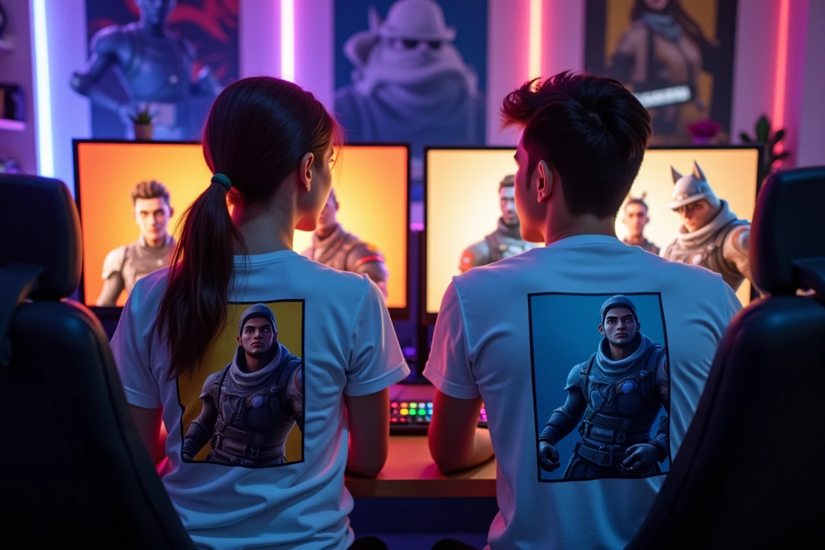 Deux joueurs adultes en t-shirts Fortnite devant leur setup gaming avec écrans affichant des skins masculins et féminins