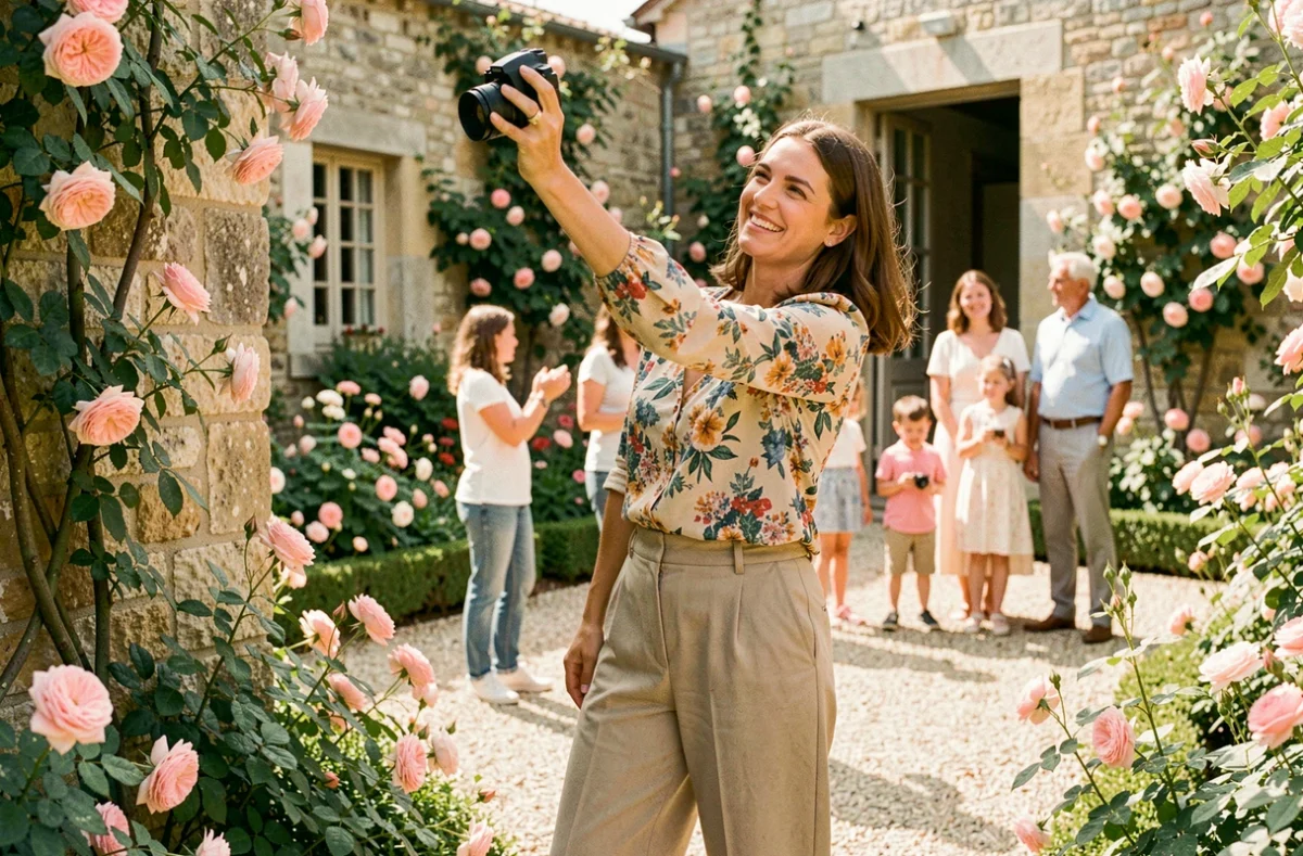 Julie Aumonier photographe dirigeant une séance famille dans un jardin provençal fleuri avec des murs en pierre et des rosiers grimpants