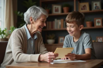 Une femme âgée remet une lettre à un jeune garçon dans un salon chaleureux
