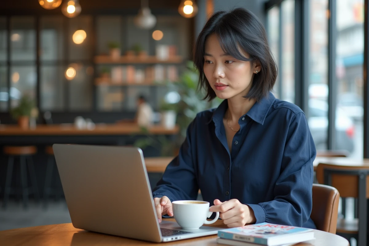 Femme consultant un site officiel de lecture manga en ligne dans un café, avec des volumes physiques posés sur la table