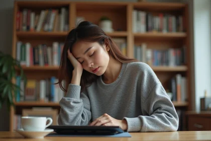 Jeune femme lisant du manga yaoi sur tablette à son bureau, réfléchissant à la légalité des scans en ligne