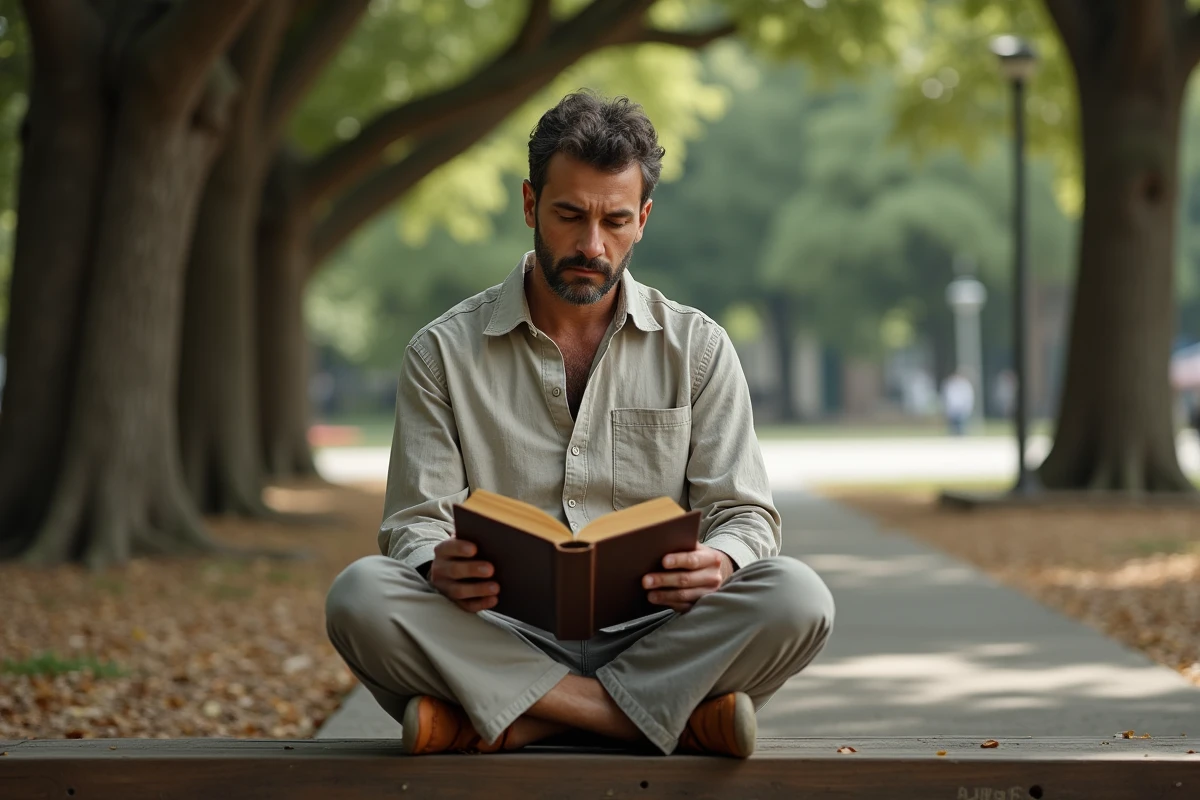 Homme lisant un livre de philosophie dans un parc, ambiance contemplative et sérénité